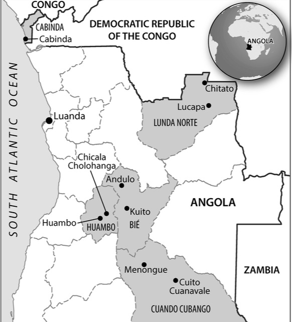 Map of Angola with research provinces highlighted: Bie, Cabinda, Cuando Cubango, Huambo, Luanda, and Lunda Norte