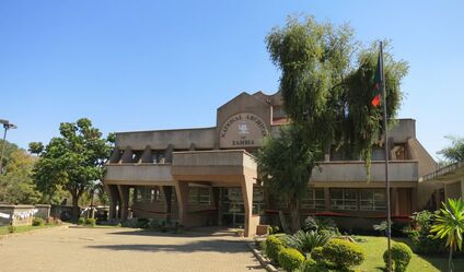 A concrete governmental headquarters building with a wide pavilion, tree, and garden in the front. A flagpole flying the Zambian flag sits in front.